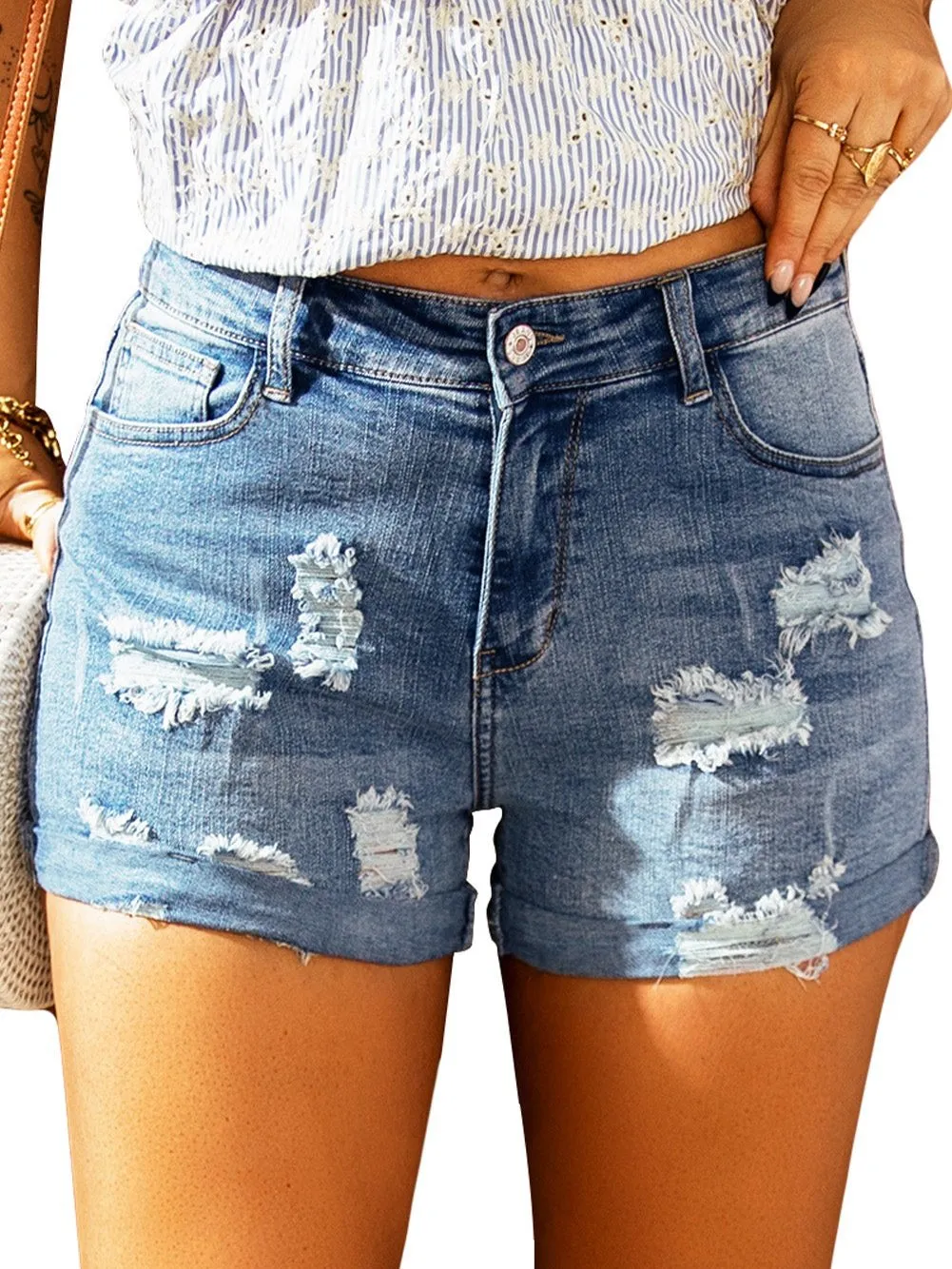 Casual Distressed Denim Shorts with Flag Print