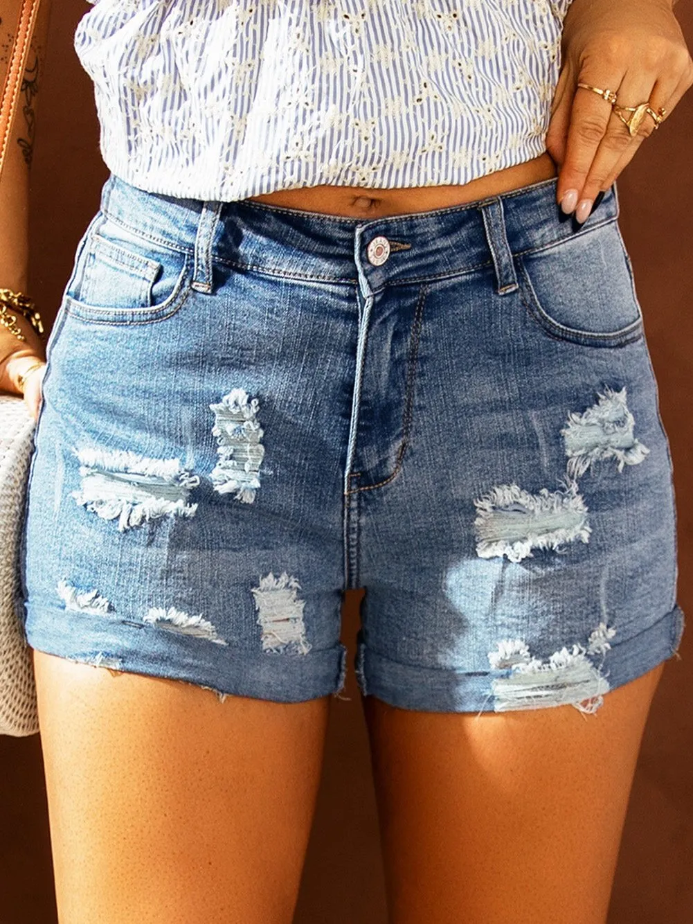 Casual Distressed Denim Shorts with Flag Print