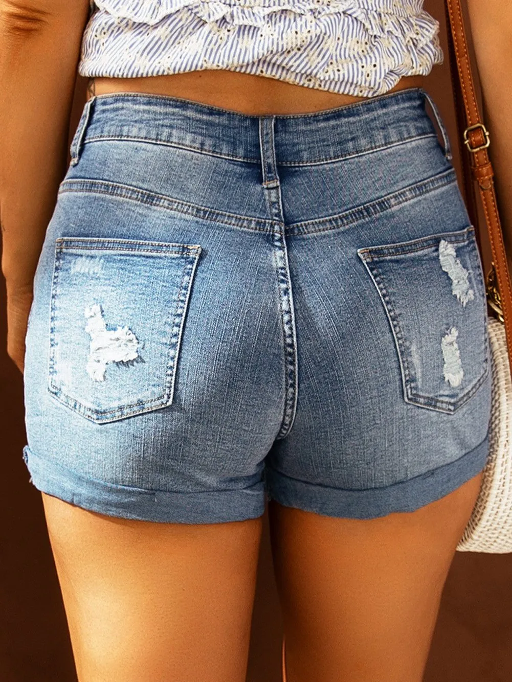 Casual Distressed Denim Shorts with Flag Print