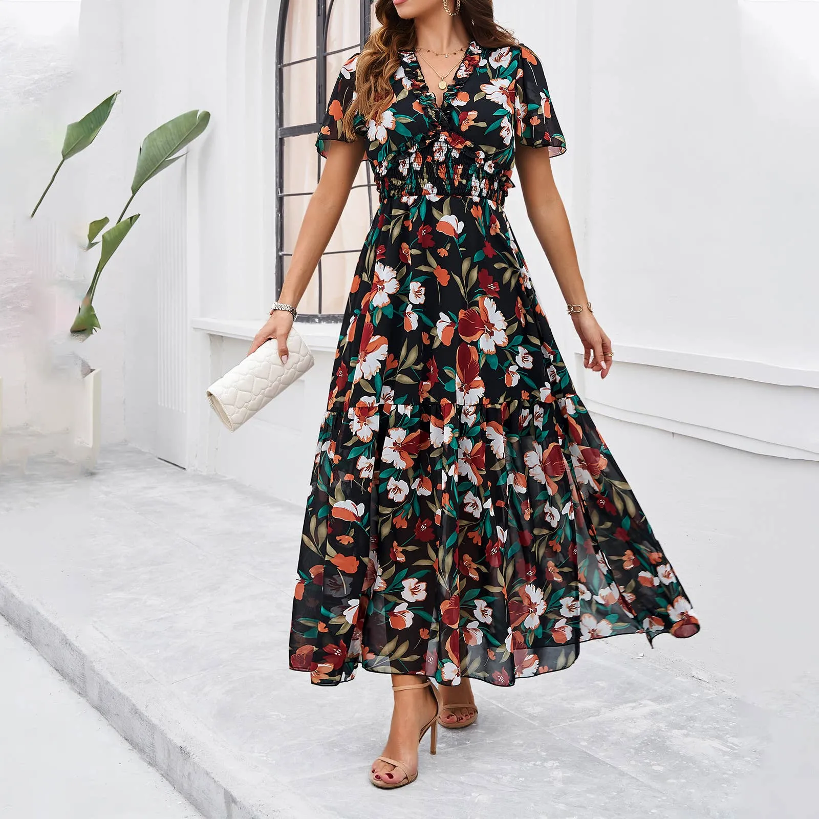 CASUAL PRINT DRESS WITH WAIST_CWDMD1914