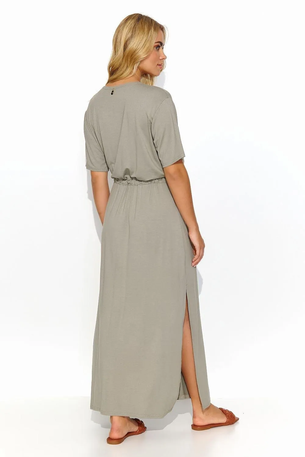 Chic Macadamia Waist-Tie Maxi Dress with Elegant Gold Detail