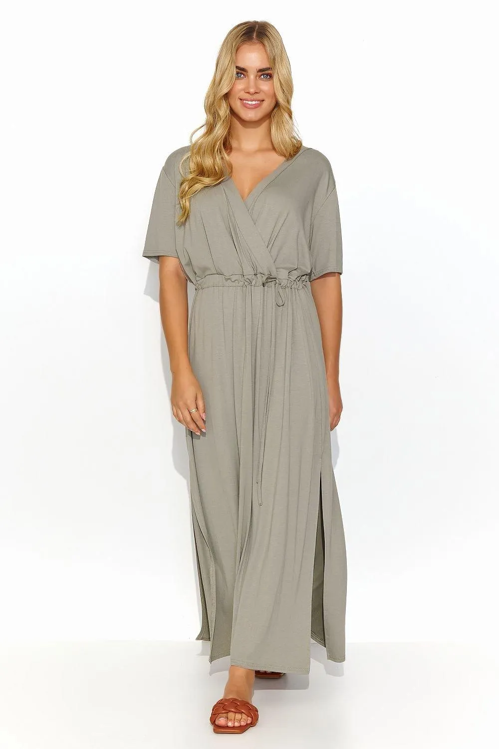 Chic Macadamia Waist-Tie Maxi Dress with Elegant Gold Detail