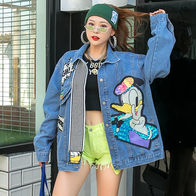 Comic Denim Jacket Spring and Autumn Cartoon Coat Women's Loose