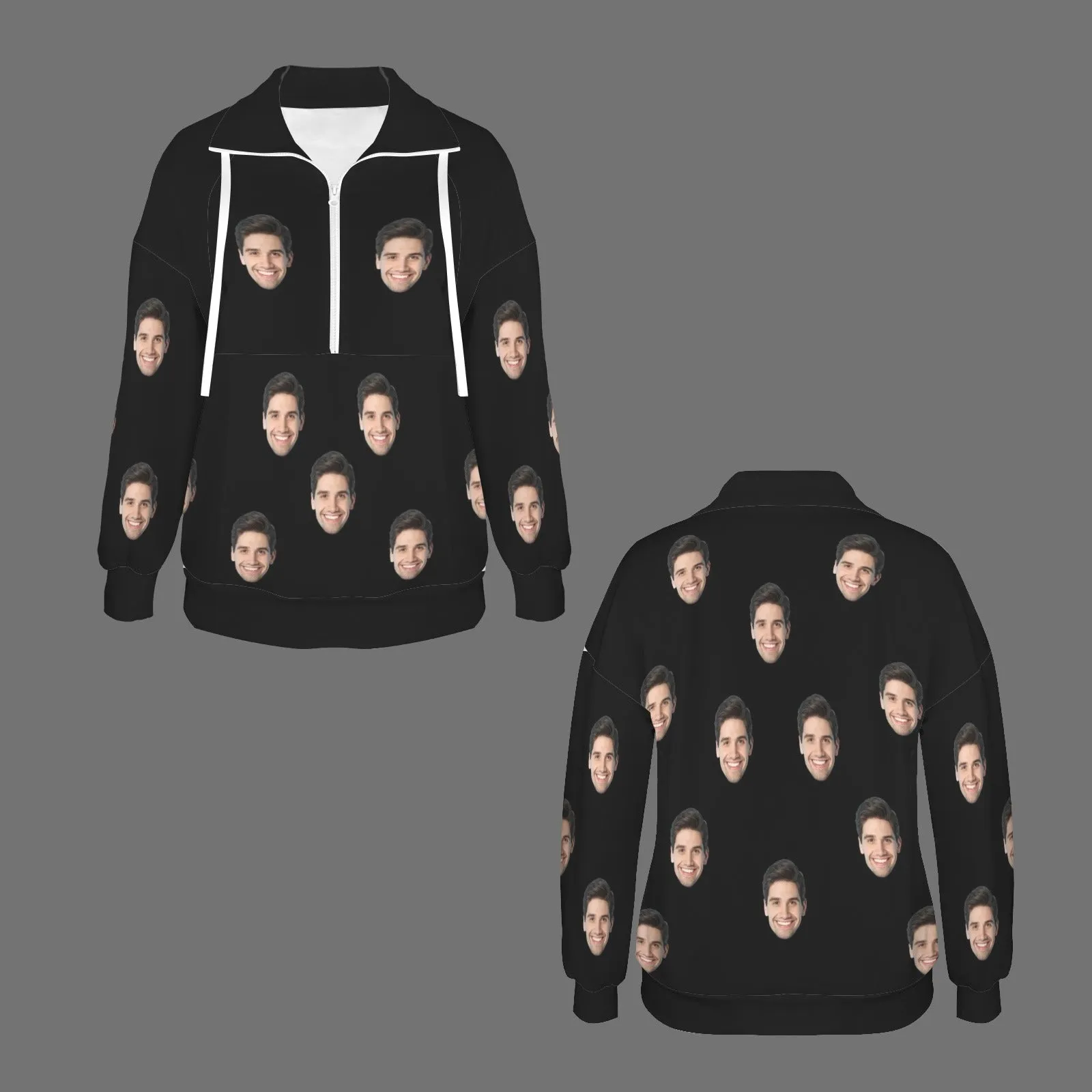 Custom Face Black Women's Lapel Half Zip Pullover Drawstring Sweatshirts Fashion Outfits