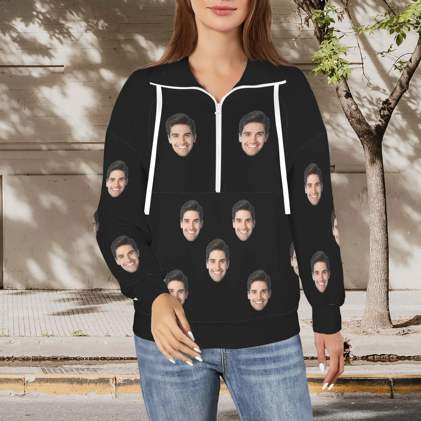 Custom Face Black Women's Lapel Half Zip Pullover Drawstring Sweatshirts Fashion Outfits