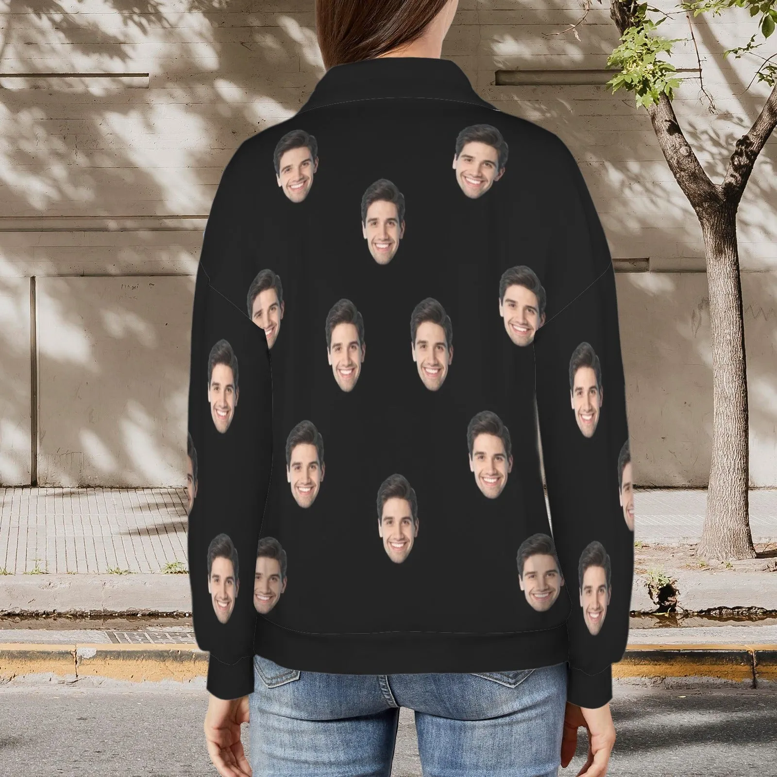 Custom Face Black Women's Lapel Half Zip Pullover Drawstring Sweatshirts Fashion Outfits