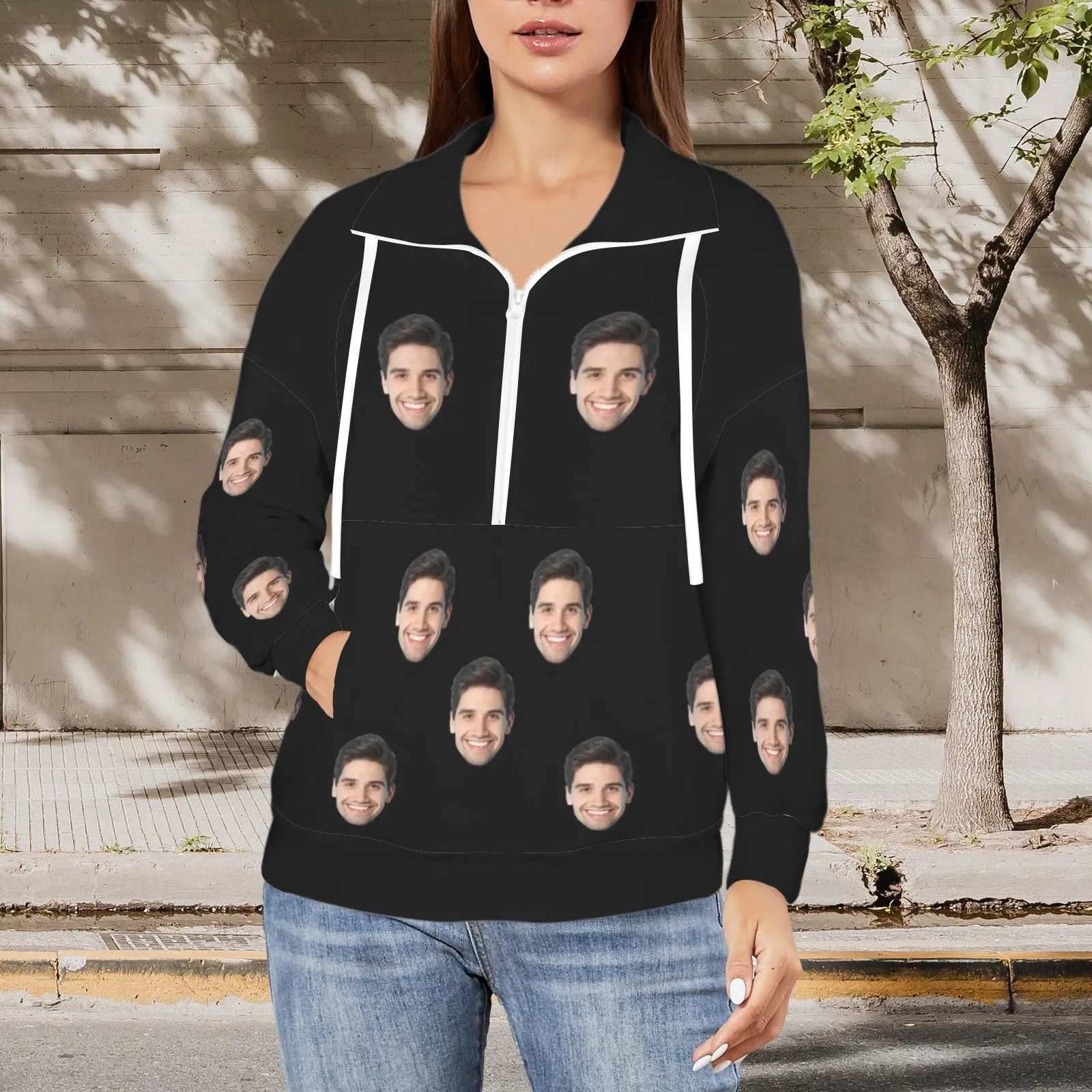 Custom Face Black Women's Lapel Half Zip Pullover Drawstring Sweatshirts Fashion Outfits