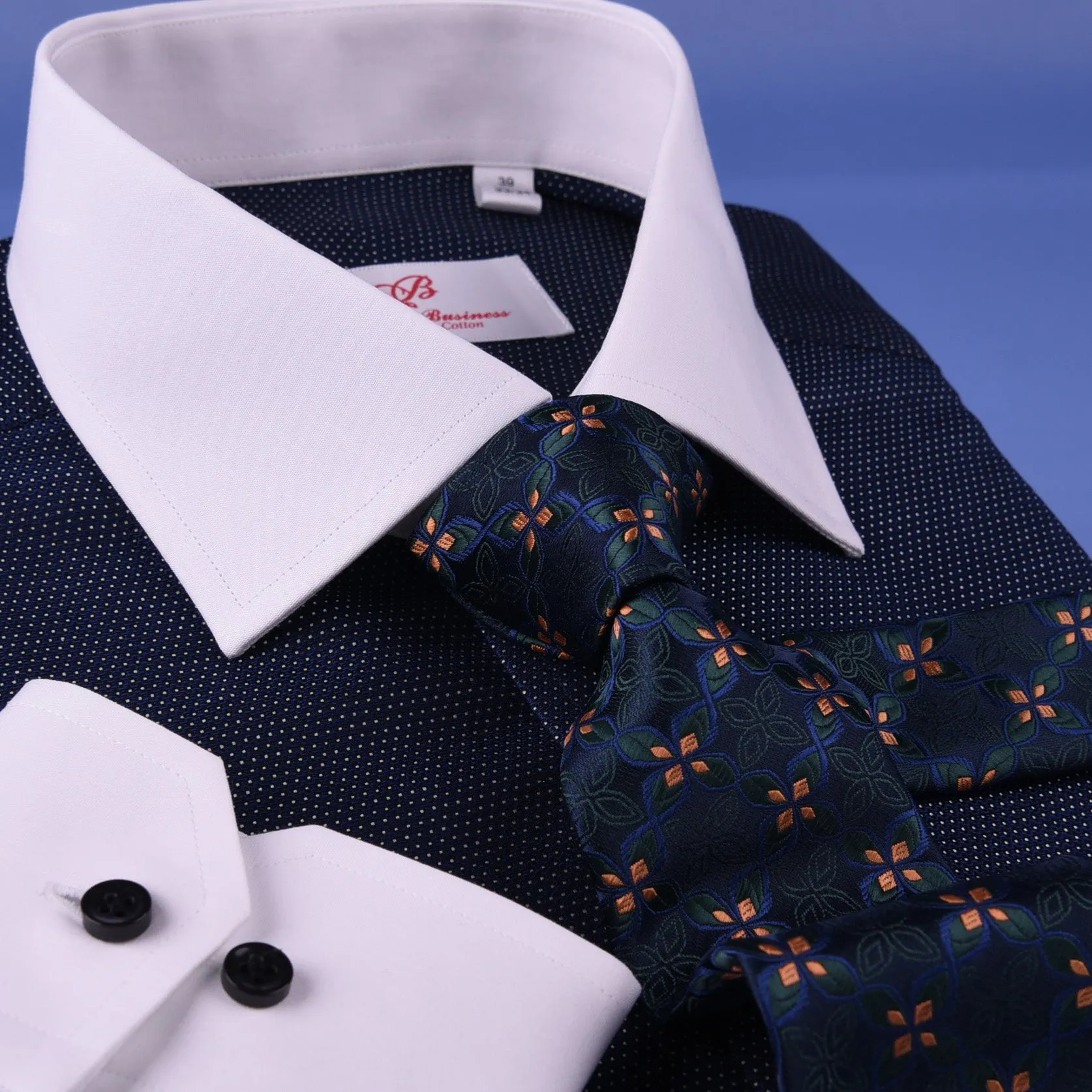 Dark Navy DOT With White Contrast Collar & Cuff For Formal Business Dress Shirt Professional Formal Dress Shirt