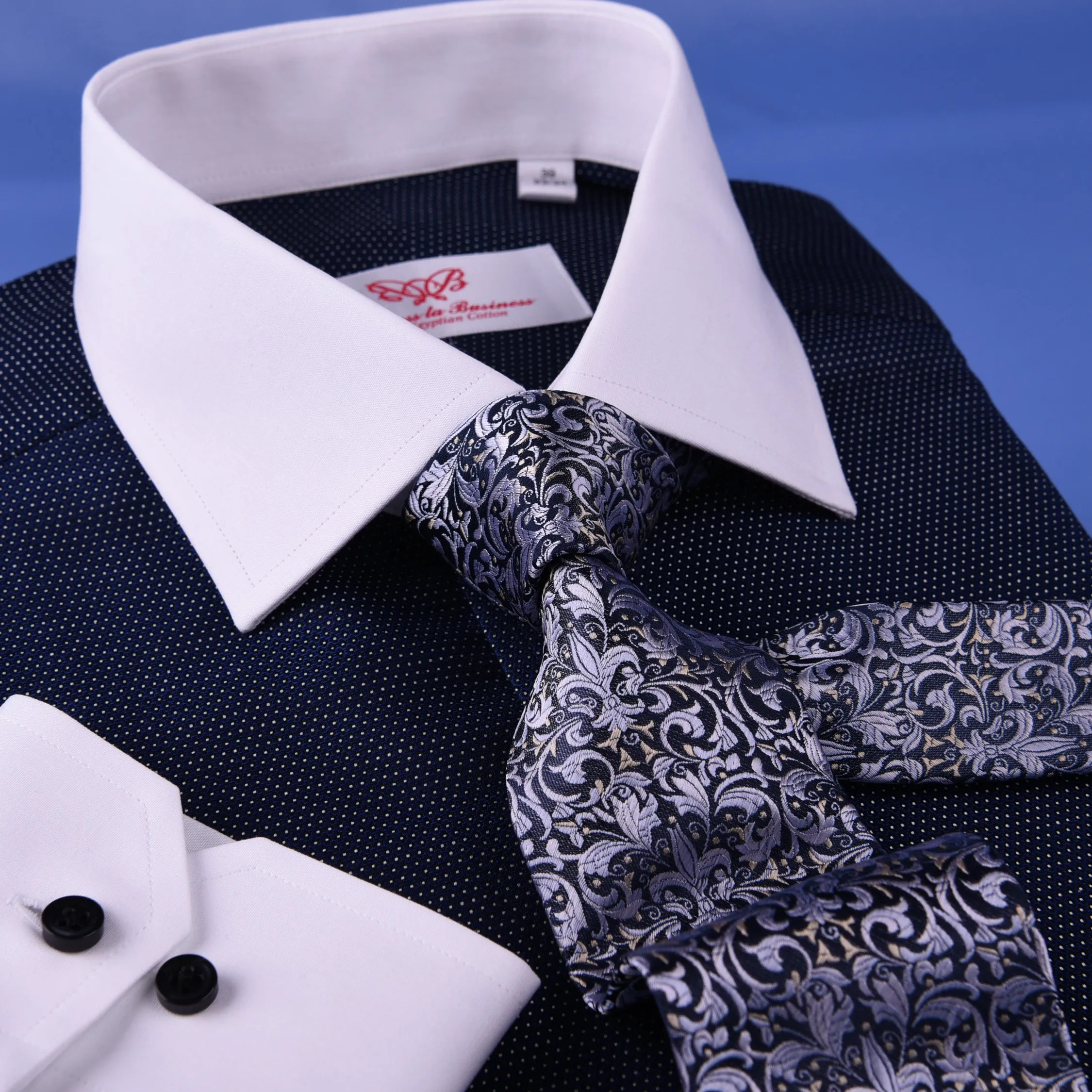 Dark Navy DOT With White Contrast Collar & Cuff For Formal Business Dress Shirt Professional Formal Dress Shirt