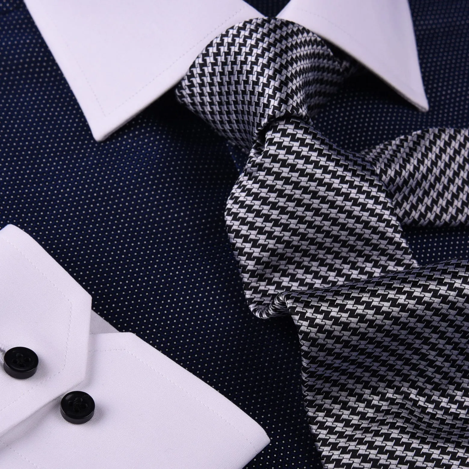 Dark Navy DOT With White Contrast Collar & Cuff For Formal Business Dress Shirt Professional Formal Dress Shirt