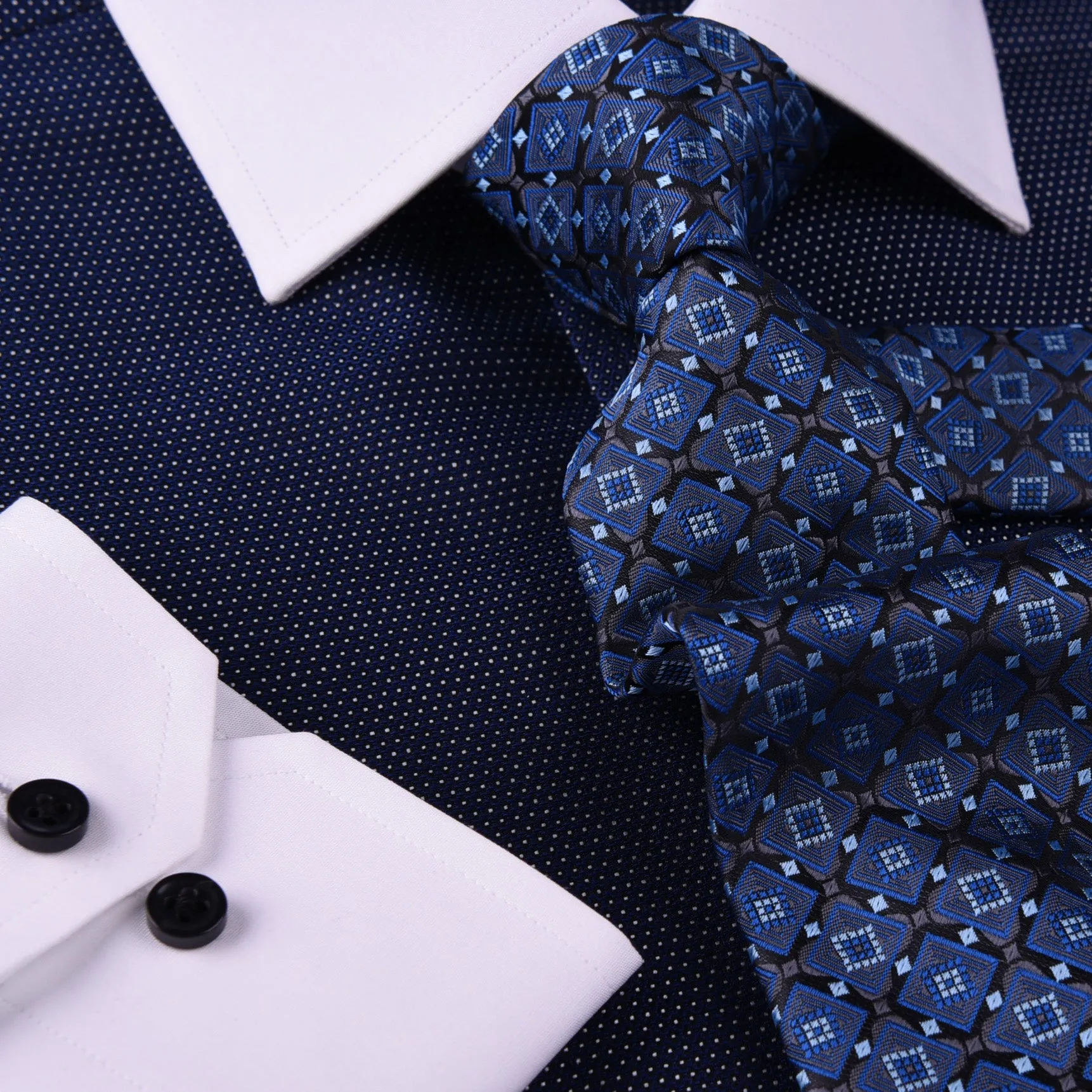 Dark Navy DOT With White Contrast Collar & Cuff For Formal Business Dress Shirt Professional Formal Dress Shirt