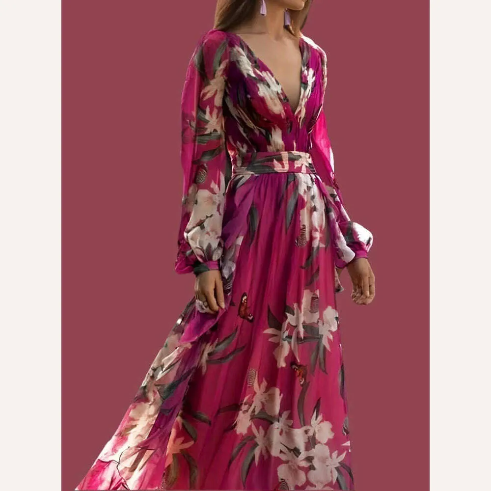 Drauuing Flower Print Maxi Dresses Women Party Dress Elegant Lantern Sleeve Long Dress Female Autumn New