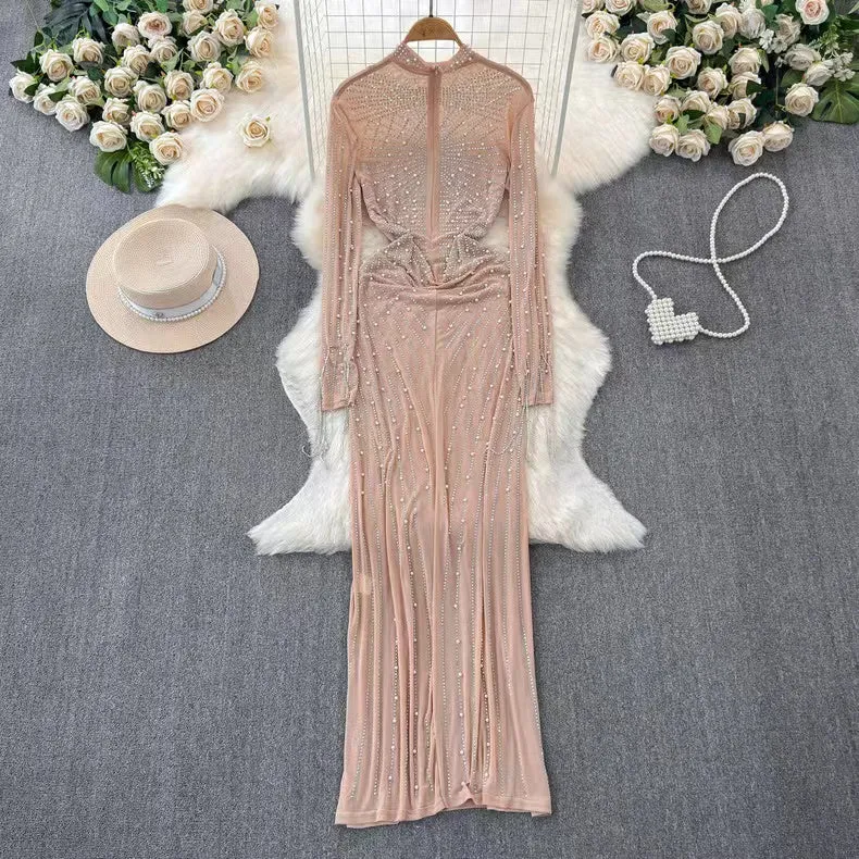 Elegant Beaded Mesh Hip-wrapping Dress