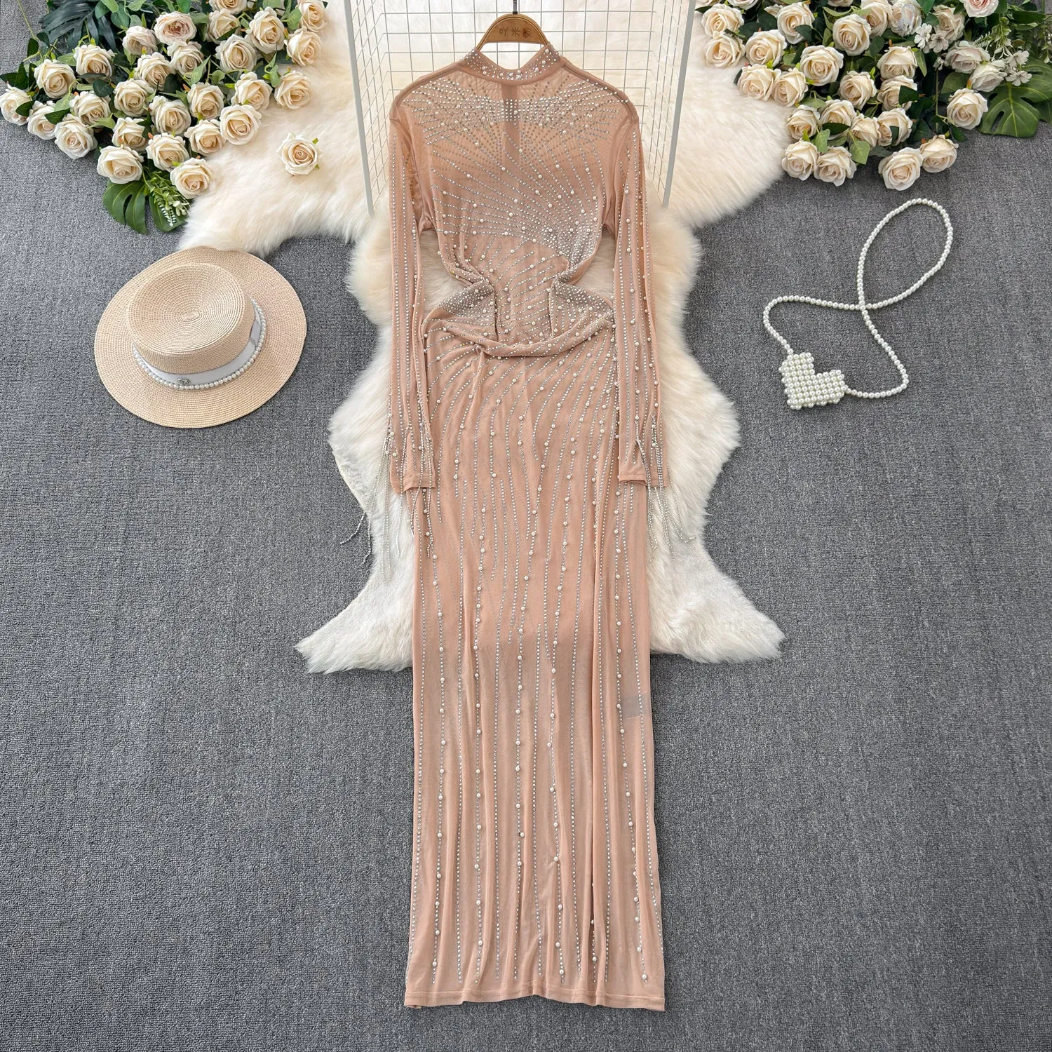 Elegant Beaded Mesh Hip-wrapping Dress