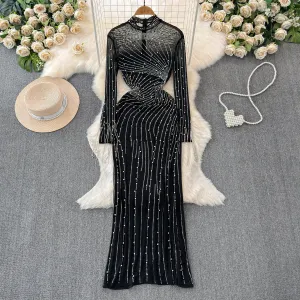 Elegant Beaded Mesh Hip-wrapping Dress