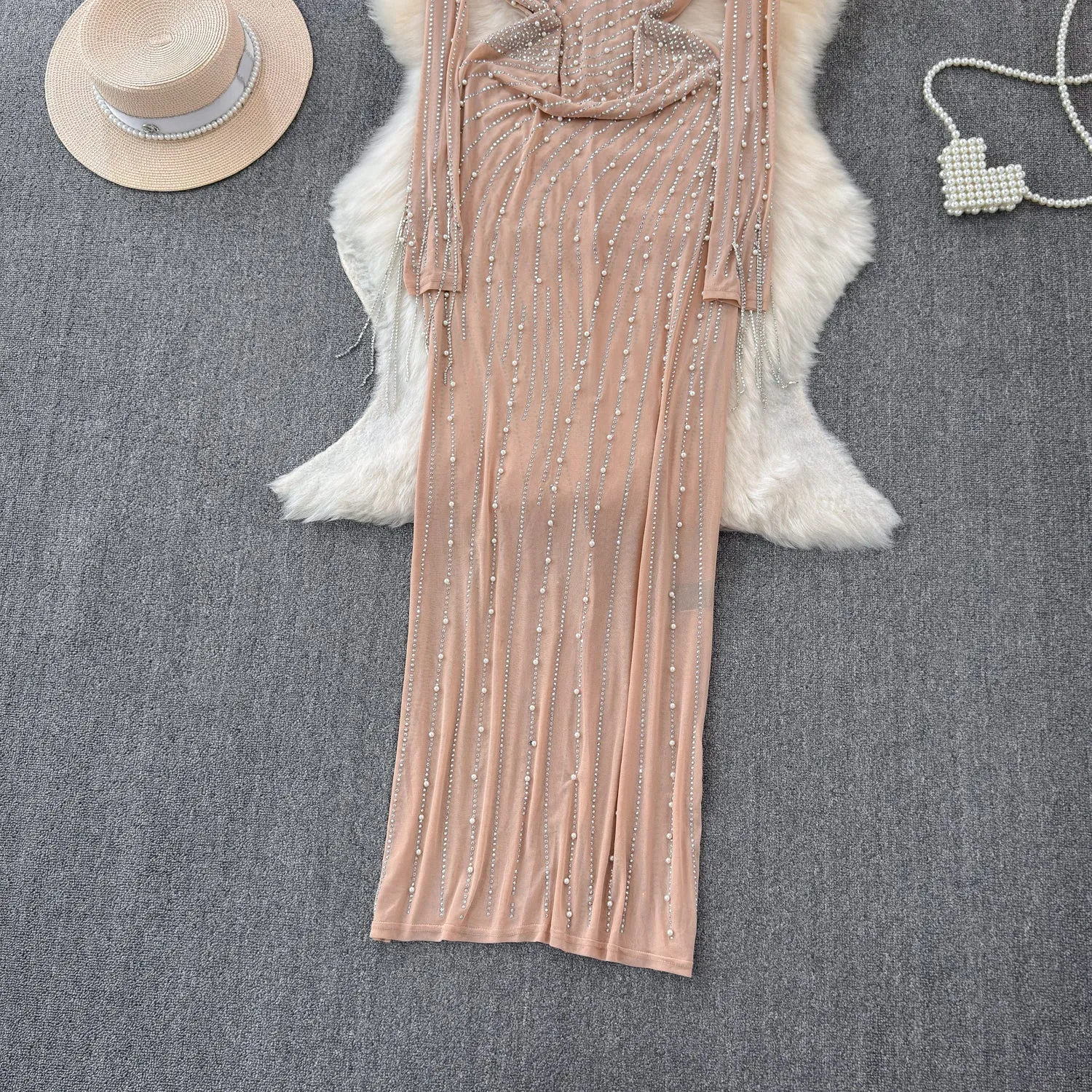 Elegant Beaded Mesh Hip-wrapping Dress