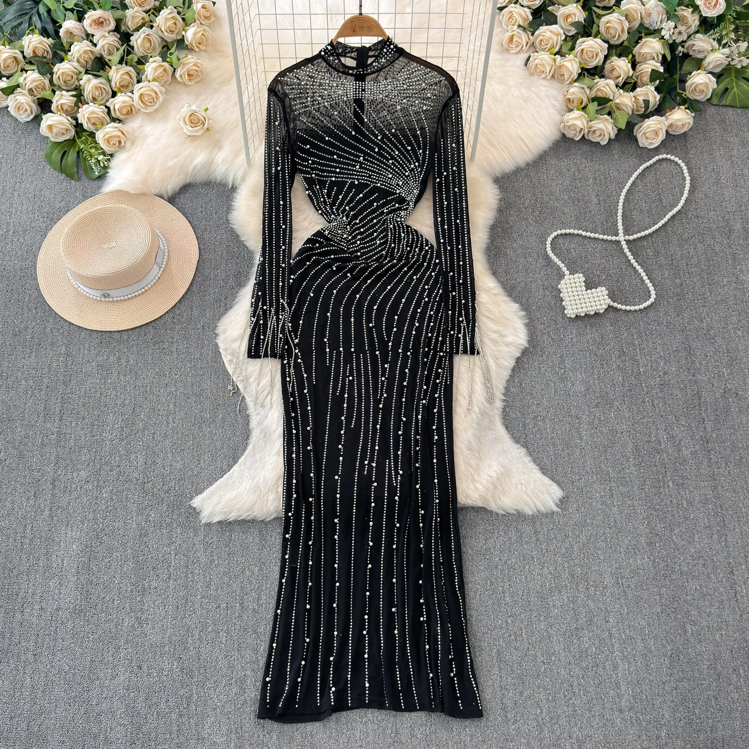 Elegant Beaded Mesh Hip-wrapping Dress