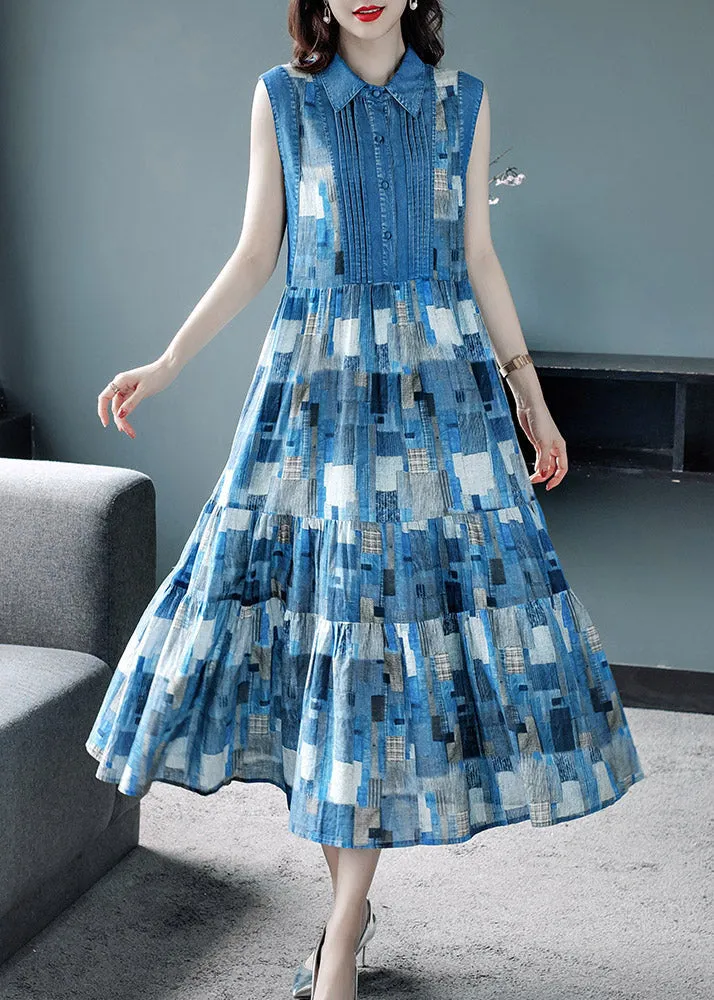 Elegant Blue Peter Pan Collar Plaid Wrinkled Maxi Dresses Summer AC2035