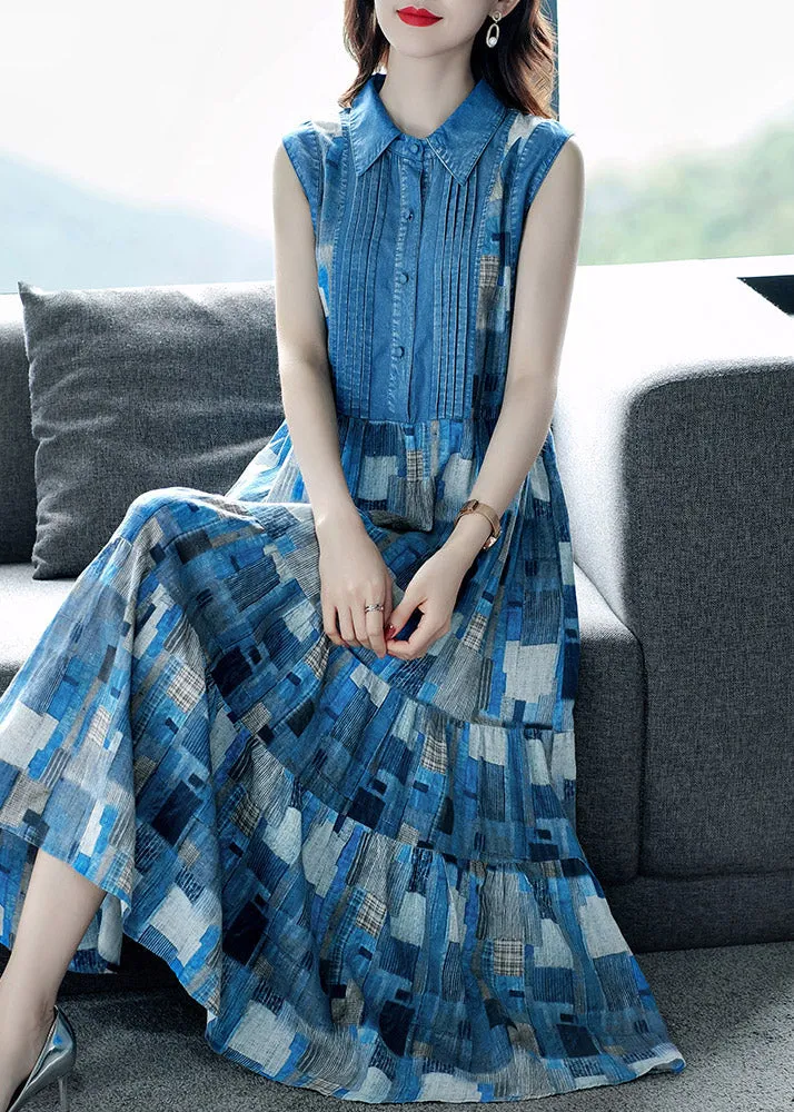 Elegant Blue Peter Pan Collar Plaid Wrinkled Maxi Dresses Summer AC2035