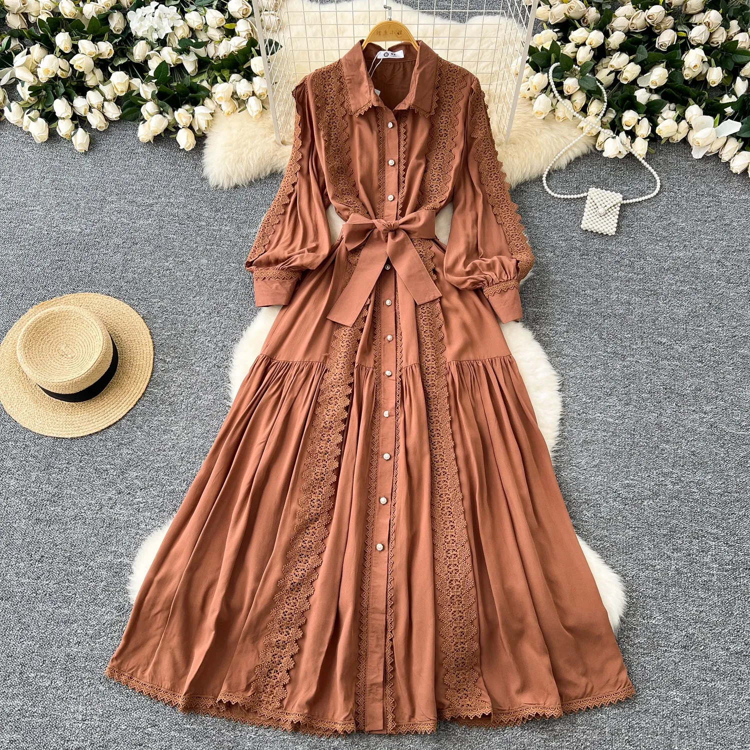 Elegant Lace Patchwork Shirt Dress