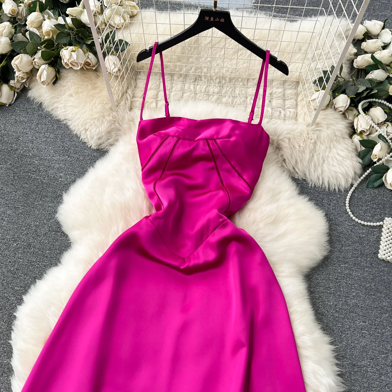 Elegant Rose Red Satin Slip Dress