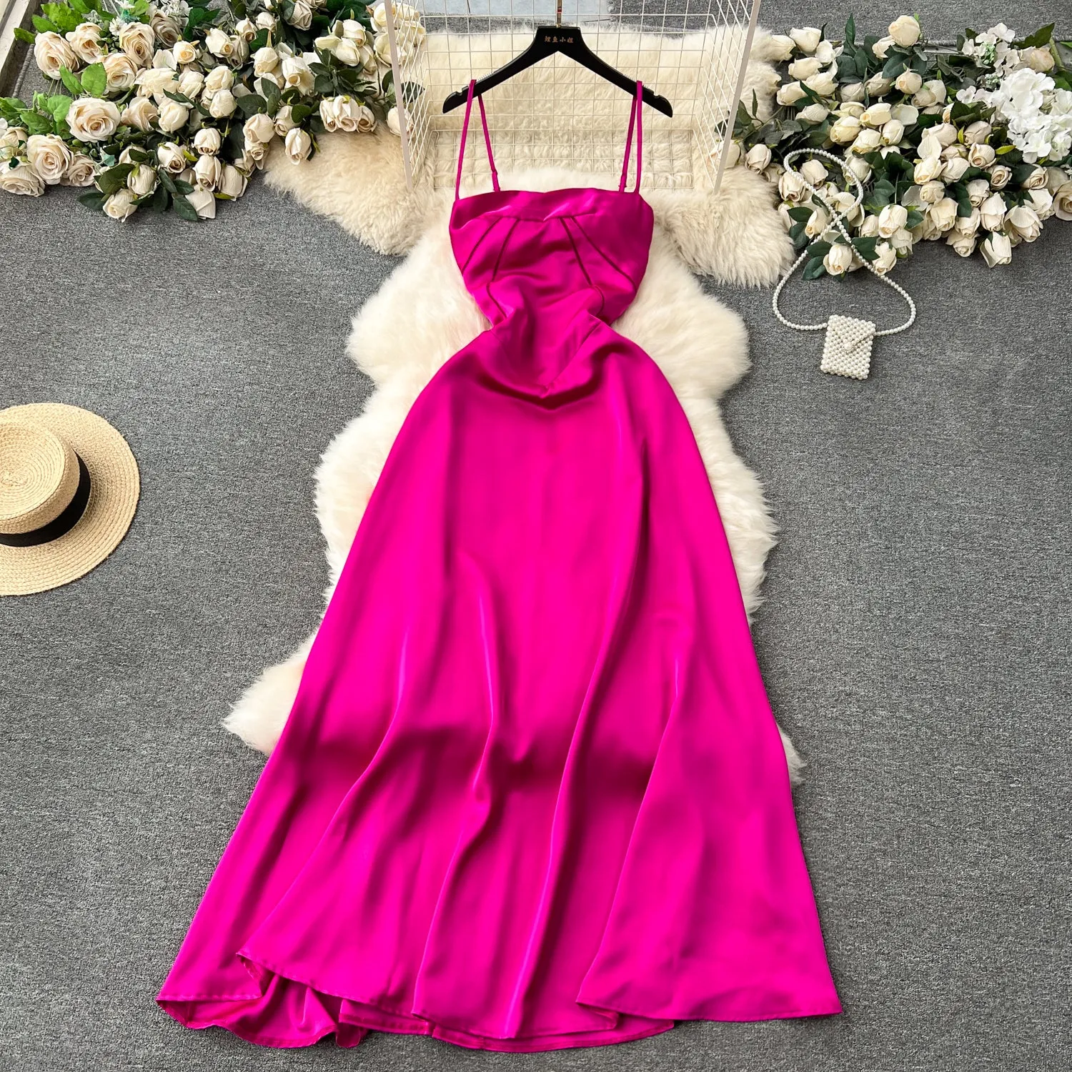 Elegant Rose Red Satin Slip Dress