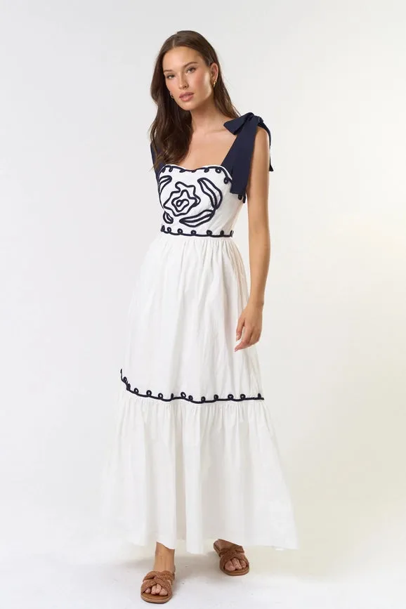 Embroidered Shoulder Bow Tie Maxi Dress