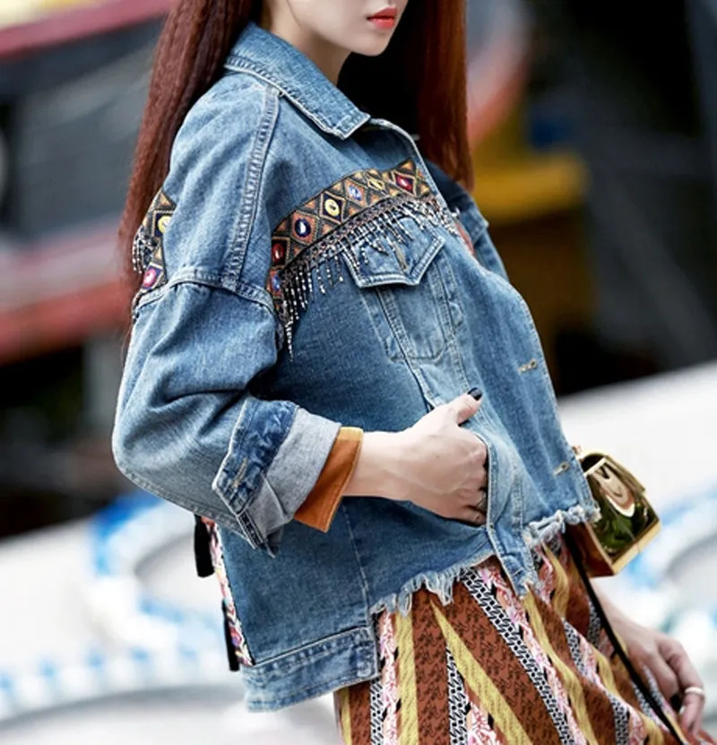 Embroidered Tassel Boho Denim Jacket