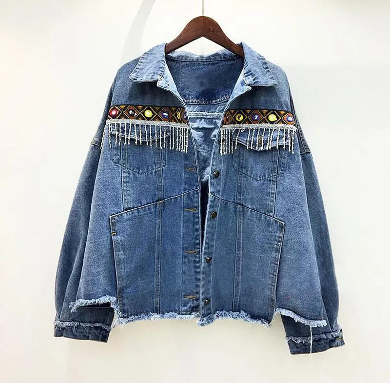 Embroidered Tassel Boho Denim Jacket