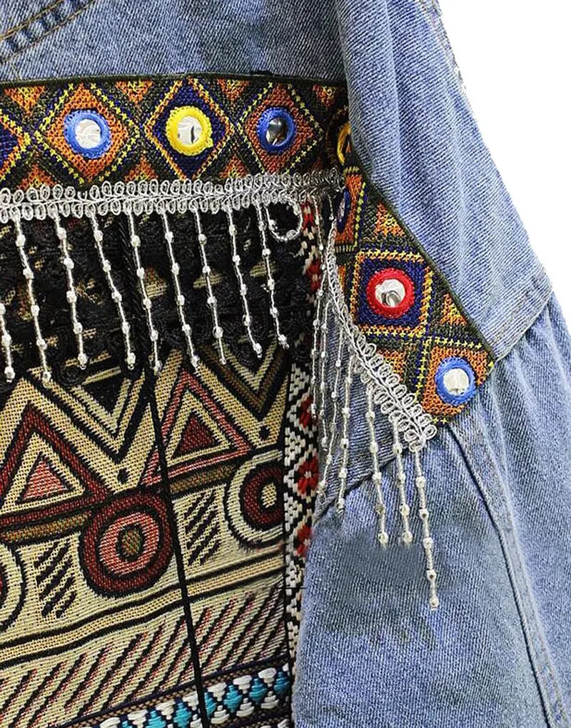 Embroidered Tassel Boho Denim Jacket