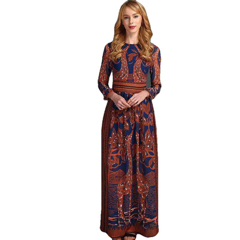 Fashion Women Long Chiffon Sleeve Print Maxi Dress