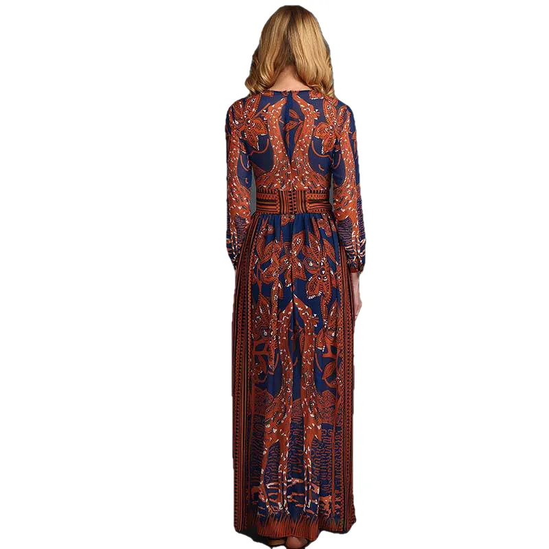 Fashion Women Long Chiffon Sleeve Print Maxi Dress