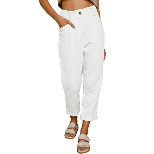 FashionSierra - Beach Linen Shorts 3/4 Sweatpants Capri Pants Elastic Waist Cropped Harem Pants