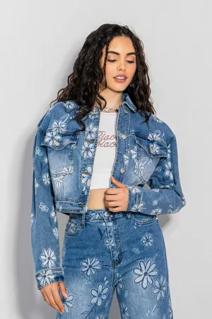 Flower Printed Denim Trucker Jacket