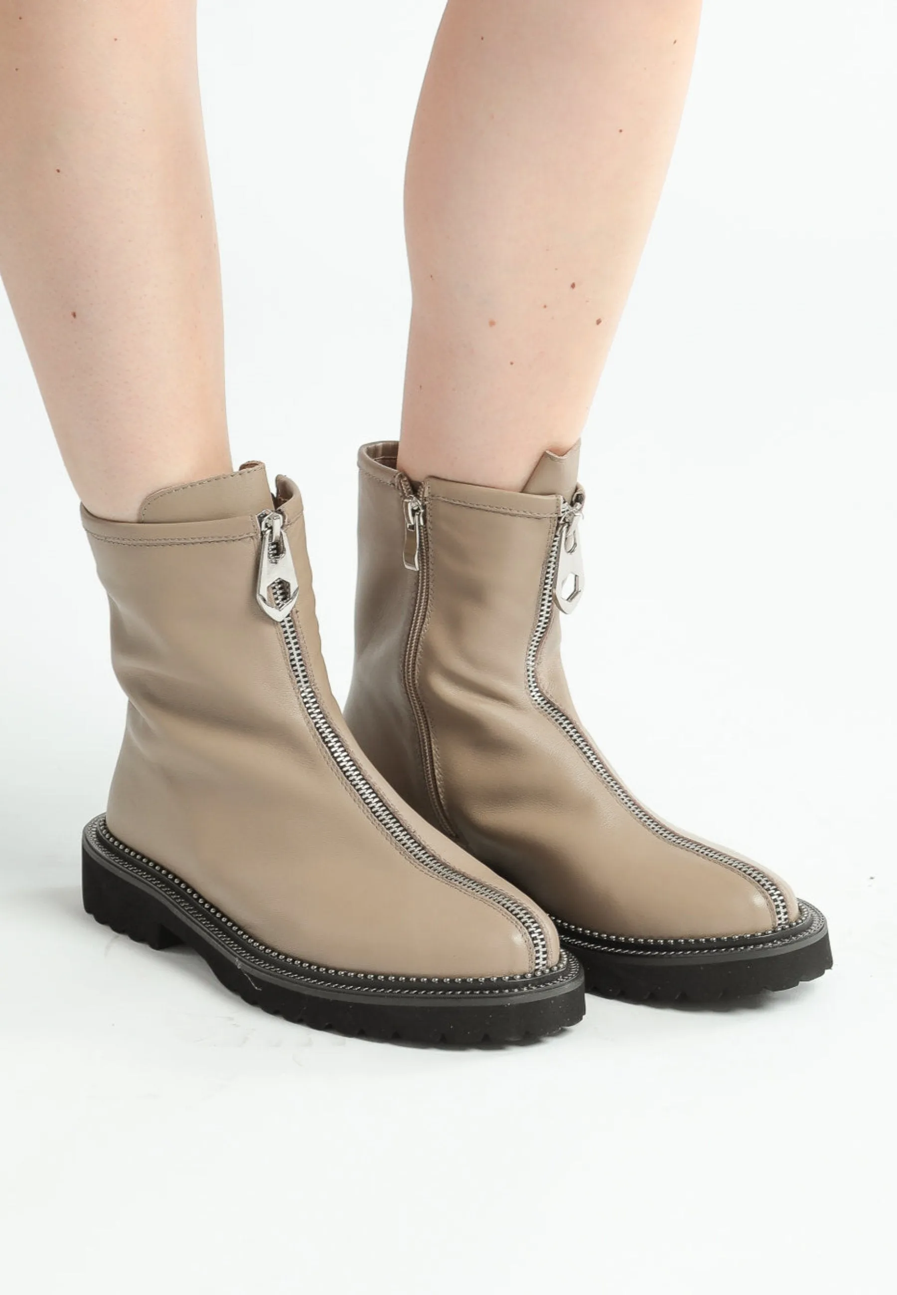 Front-Zip Ankle Boots - Beige