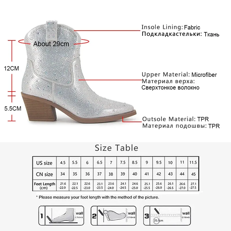 GOGD Luxury New 2023 Fashion Women's Shiny Ankle Boots Rhinestone