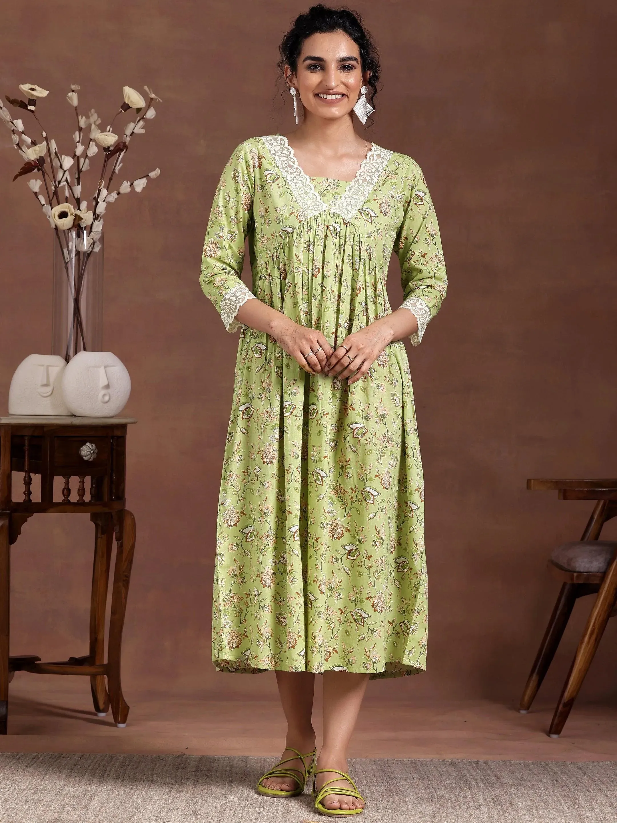 Green Printed Cotton Fit and Flare Dress