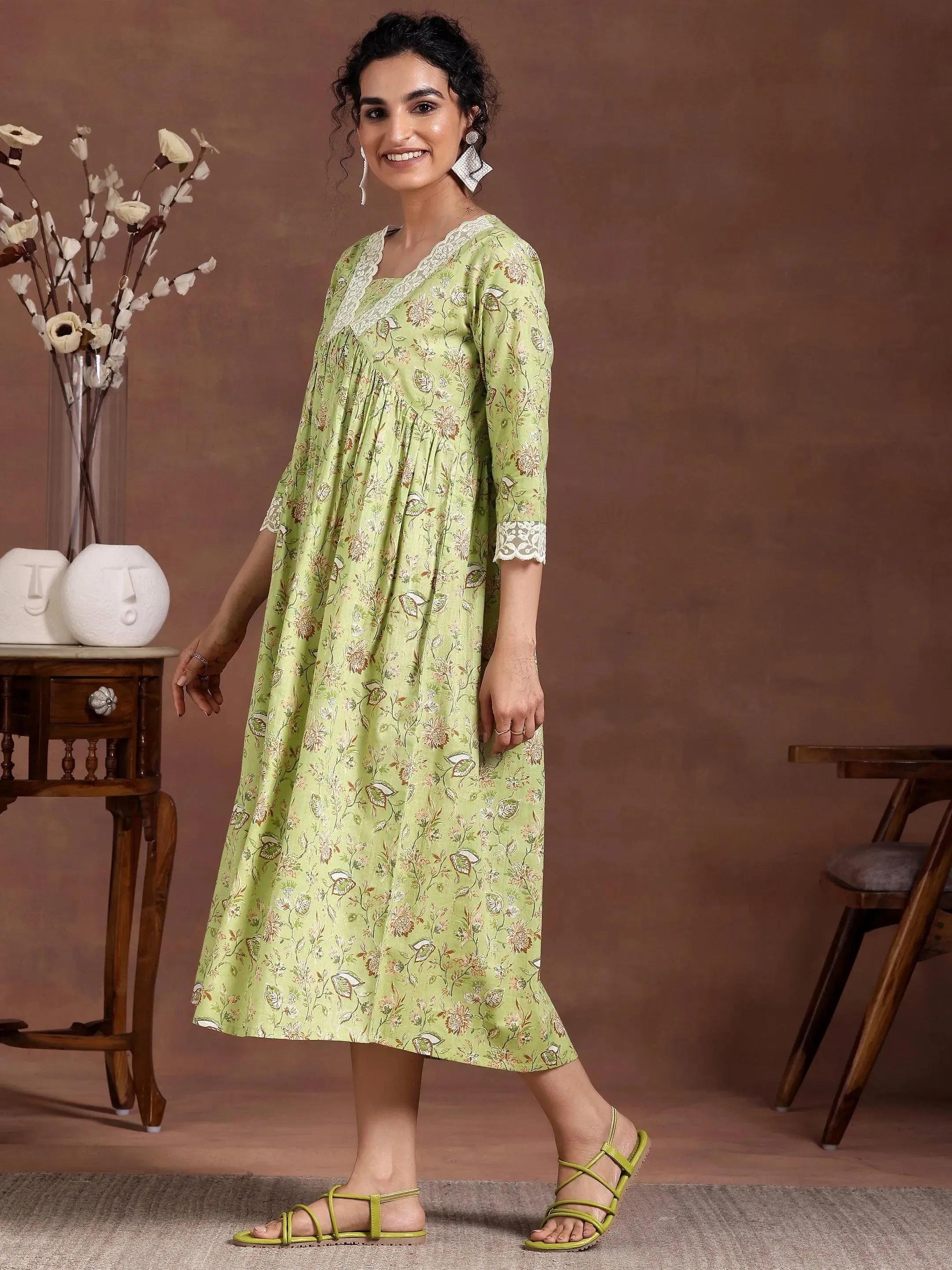 Green Printed Cotton Fit and Flare Dress