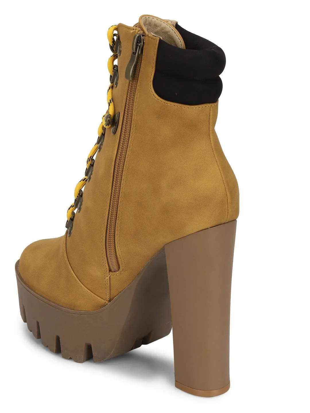 Honey Micro Laced Up Block Cleated Heel Ankle Length Boots