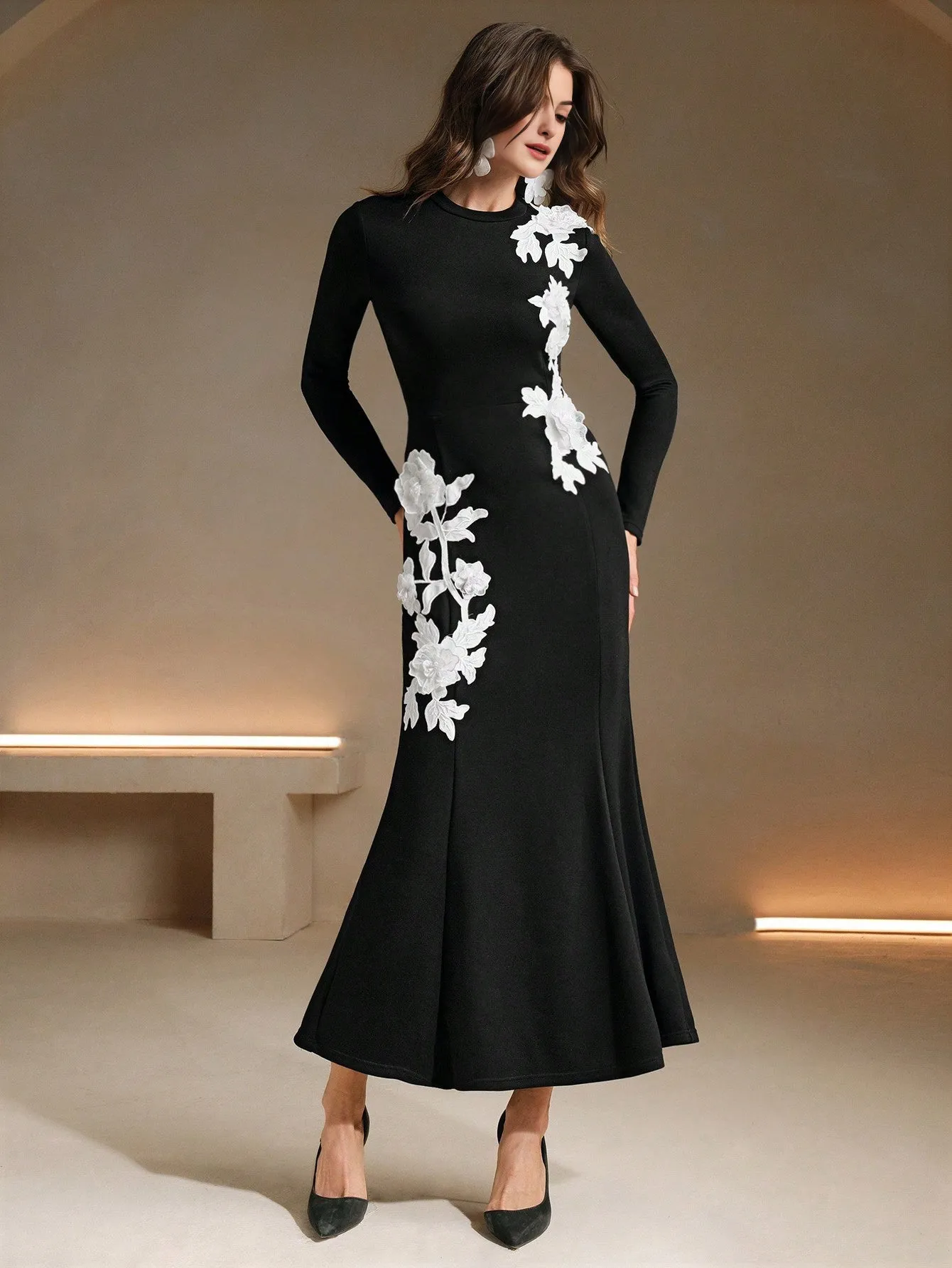 Isabella Lace Embroidery Floral Decor Long Dress