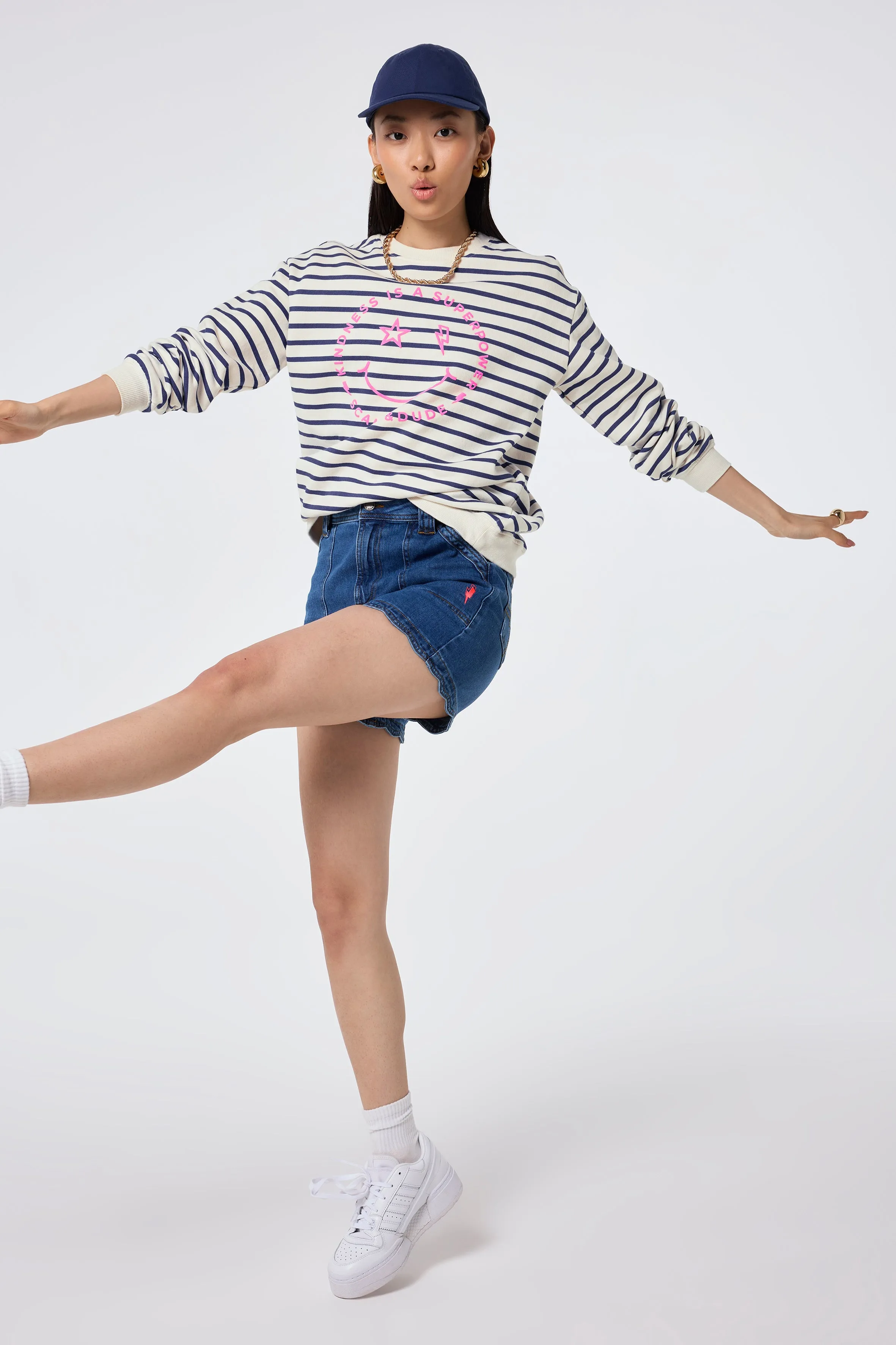 Ivory with Blue Stripe and Smiley Face Oversized Sweatshirt