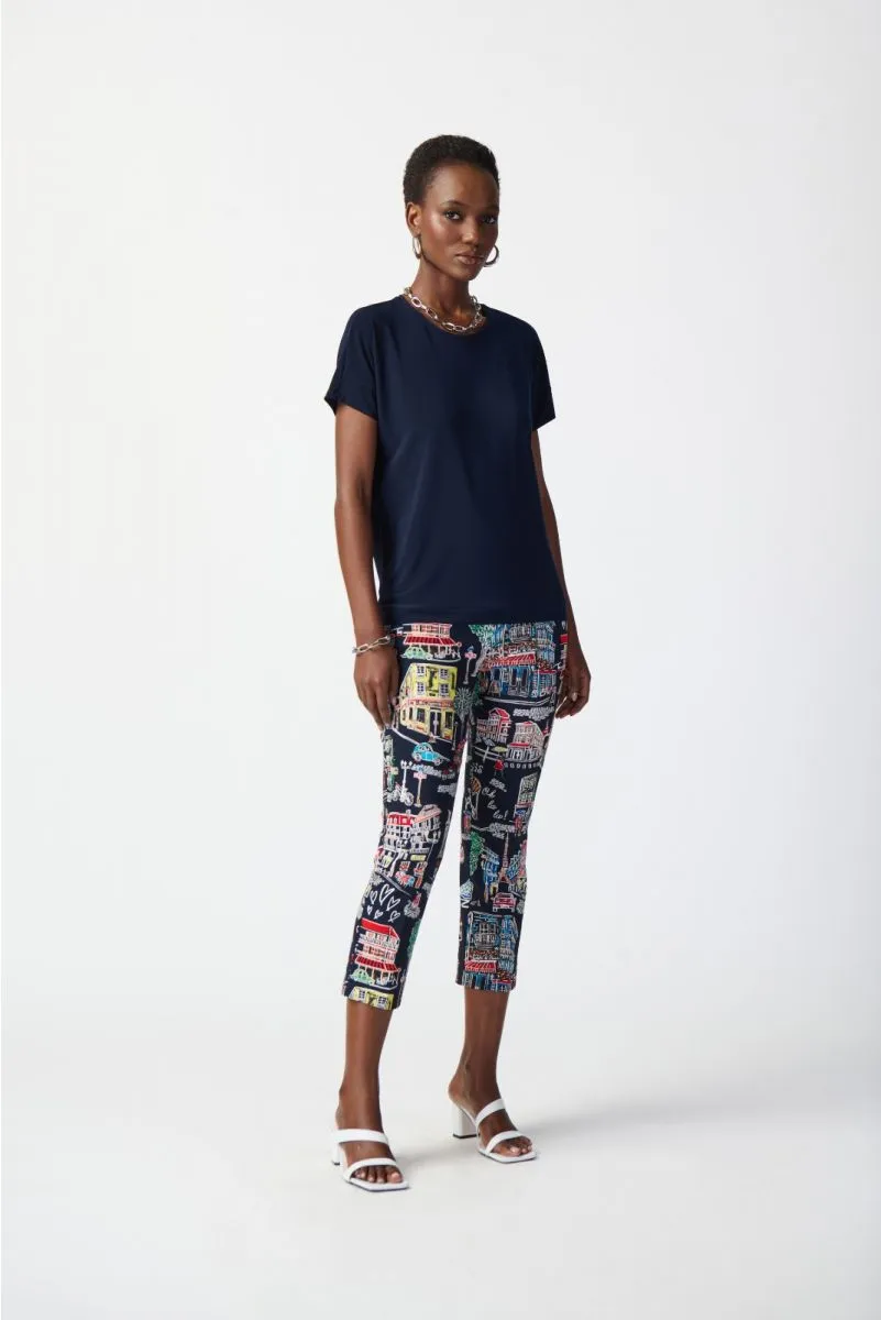 Joseph Ribkoff Midnight Blue/Multi Paris Print Pull On Capri Pants 241268