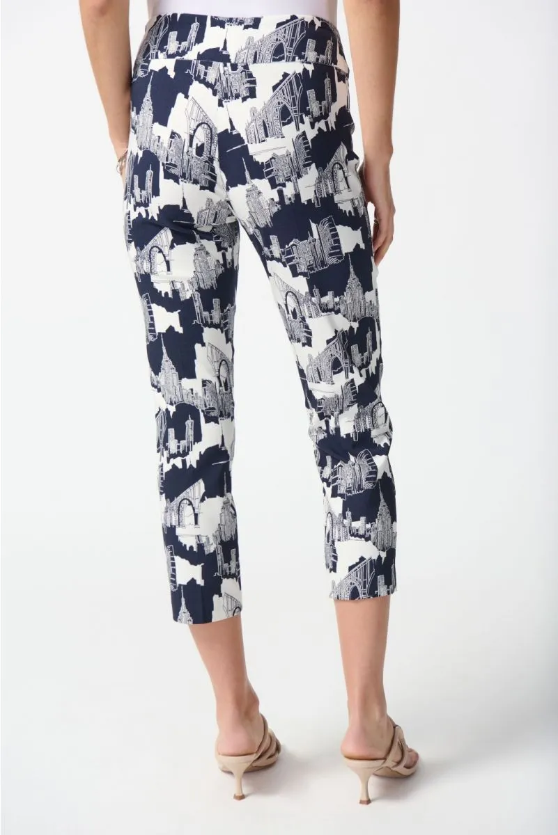 Joseph Ribkoff Vanilla/Midnight Blue Cityscape Pull On Capri Pants 242212