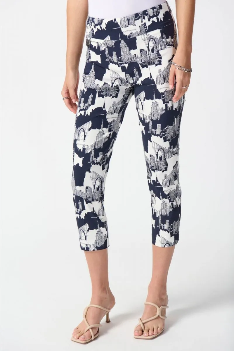 Joseph Ribkoff Vanilla/Midnight Blue Cityscape Pull On Capri Pants 242212