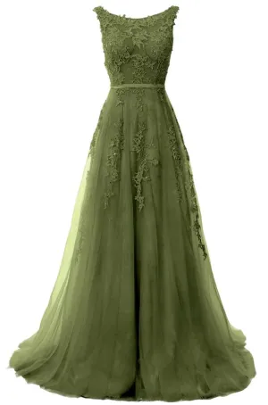 kamahe A Line Lace Boat Neck Sleeveless Prom Dresses Formal Evening Gown