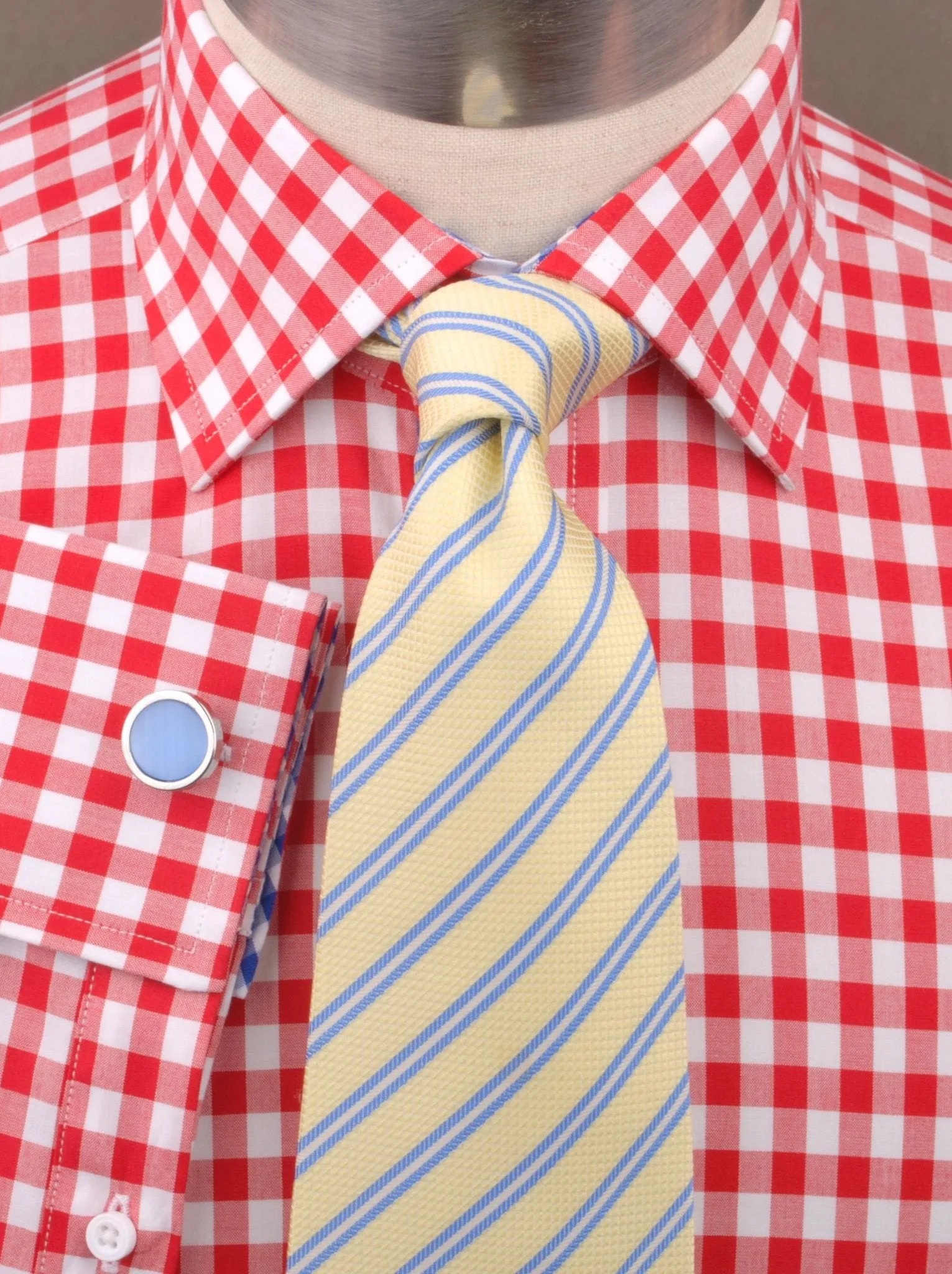 Large Red Gingham Check Formal Business Dress Shirt Blue Contrast Fashion