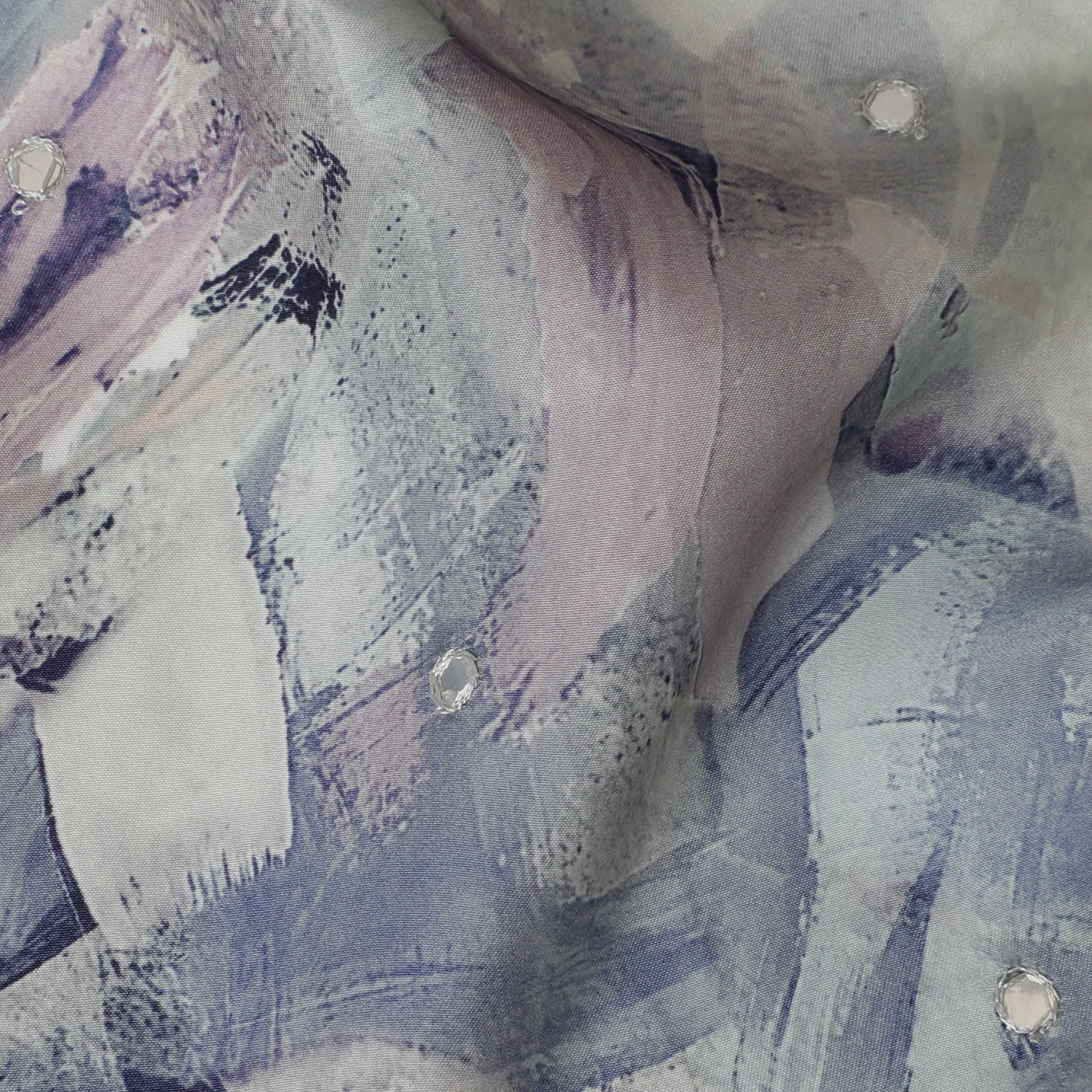 Lavender & Grey Abstract Viscose Modal Satin Fabric with Mirror Work - 110 cm Width-D20271