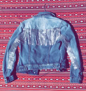 Light Blue Denim Rhinestone Fringe Jacket, Size M