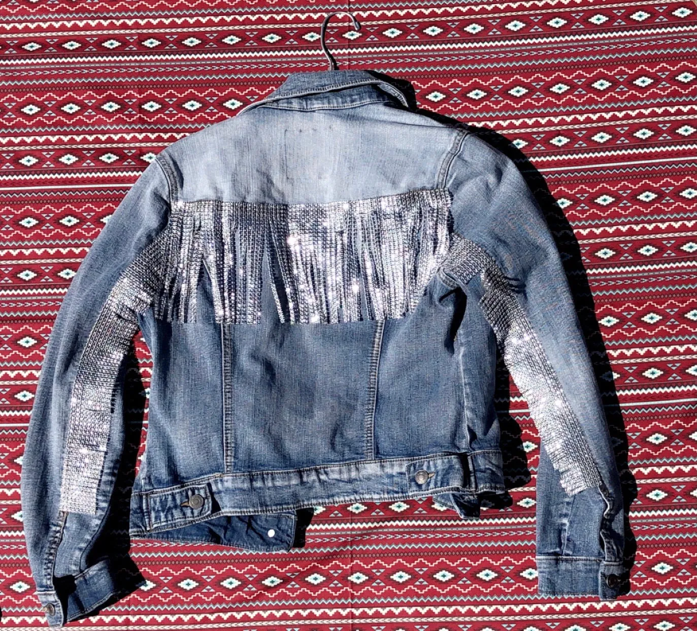 Light Blue Denim Rhinestone Fringe Jacket, Size M