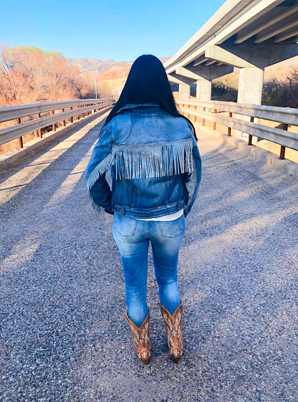 Light Blue Denim Rhinestone Fringe Jacket, Size M